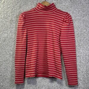 J.Crew Shirt Womens Medium Red Metallic Stripe Mock Neck Puff Sleeve Long Sleeve